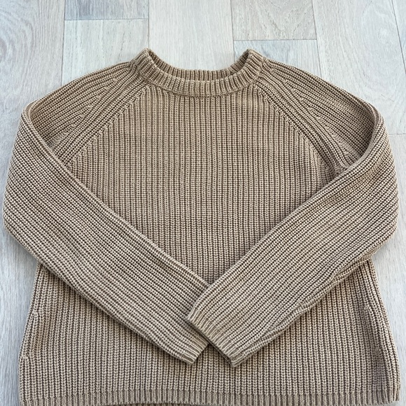 Quince Organic Cotton Fisherman Crew Sweater - camel, small - Picture 4 of 5